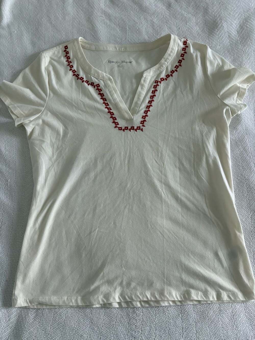 Rebecca Malone Women's Short Sleeve Split Neck T-Shirt with Red Embroidery Detai